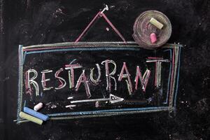 a chalkboard with the word restaurant written on it photo
