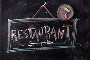 a chalkboard with the word restaurant written on it photo