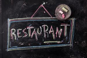 a chalkboard with the word restaurant written on it photo