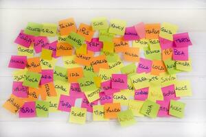 a pile of sticky notes with words written on them photo