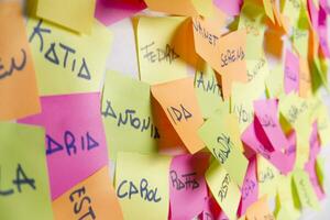 a wall covered with sticky notes with different words photo