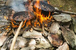 a fire pit with two pots on it photo