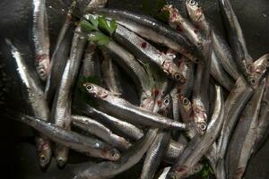 un pila de sardinas con perejil en parte superior foto