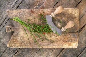 Chopped chives and chili peppers photo