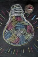 a chalk drawing of a light bulb on a blackboard photo