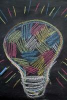 a chalk drawing of a light bulb on a blackboard photo