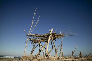 Wooden buildings on the free beach of Viareggio Italy photo