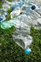 Used plastic bottles abandoned in a meadow photo