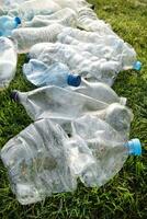 Used plastic bottles abandoned in a meadow photo