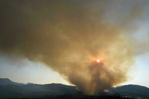 grande columna de fumar desde un bosque fuego foto