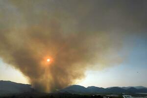 Large column of smoke from a forest fire photo