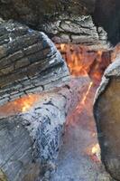 a close up of a fire burning in a wood photo