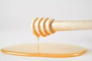 honey dripping from a wooden stick photo