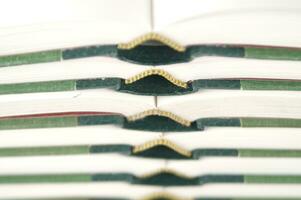 a stack of open books with green and gold trim photo