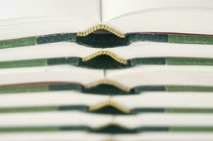 a stack of open books with green and gold trim photo