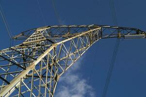 a large electrical tower with wires and wires photo