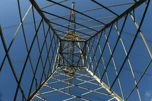 a large electrical tower with wires and wires photo