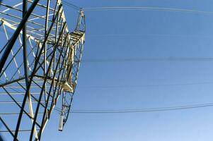 a large electrical tower with wires and wires photo