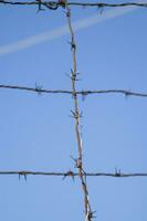 a barbed wire fence with a blue sky in the background photo