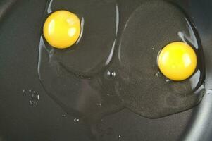 four eggs are being cooked in a frying pan photo