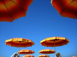 a row of orange and yellow umbrellas photo