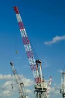 three cranes are standing in front of a blue sky photo