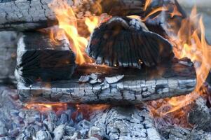 un cerca arriba de un fuego con madera y carbón foto