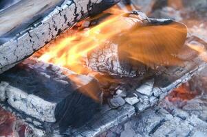 a close up of a fire with wood and coal photo