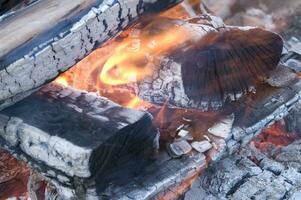 a close up of a fire with wood and coal photo