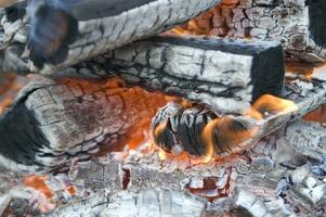 a close up of a fire with wood and coal photo