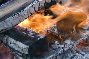 a close up of a fire with wood and coal photo