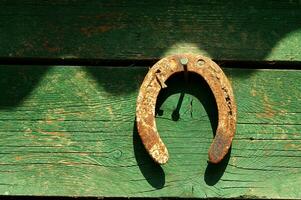 a horse shoe on a wooden wall photo