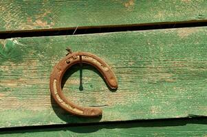 un caballo zapato en un de madera pared foto