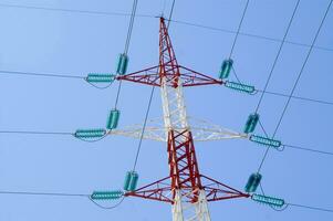 a high voltage power line with wires and poles photo