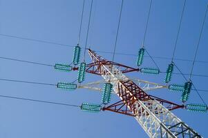 a high voltage power line with wires and poles photo