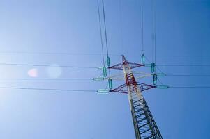 an electric power line with a blue sky in the background photo