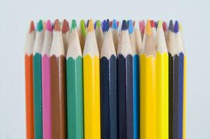 many colored pencils are arranged in a row photo