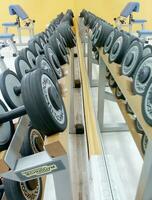 un fila de pesas en un estante en un gimnasio foto