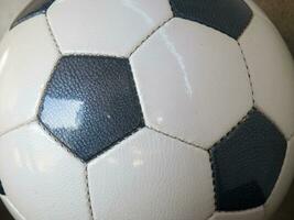 a close up of a soccer ball with leather photo