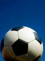 a close up of a soccer ball with leather photo