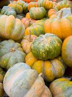 un pila de calabazas con verde y naranja colores foto