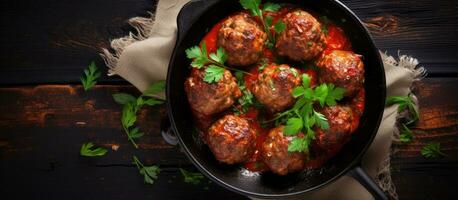 Top view of meatballs made from a combination of beef and pork meat, cooked in a rustic pan with photo