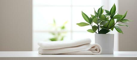 The white towel and houseplant are on a white table, with available space for copying photo