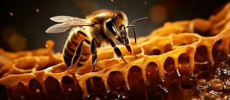 The view of a bee eating honey with its tongue can be seen through several pieces of honeycomb photo