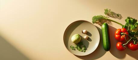 A plate with a knife and copy space is shown on a beige background, featuring green tomatoes and photo