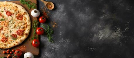 pizza or bread cutting board for homemade baking on a table. It's a food recipe concept with a photo