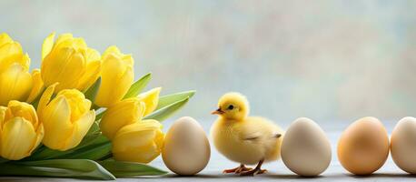 Close-up side view of yellow tulips, eggs, and a set of Easter macaroon chicks on a marble background. photo