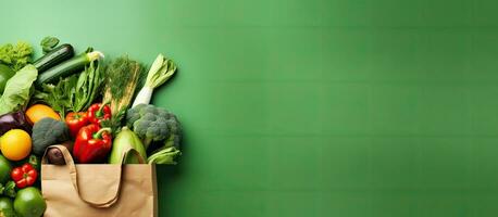 background image featuring a paper bag filled with healthy vegan and vegetarian food, including photo