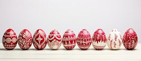 A row of handmade wax-dyed Easter eggs, alternating in red and white colors, is displayed on a photo