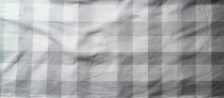 A tablecloth is folded and placed over a stone table, creating a checkered pattern. The top view photo